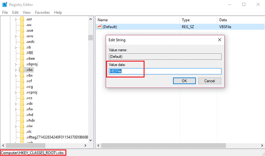 go to .vbs key and change its default value to VBSFile