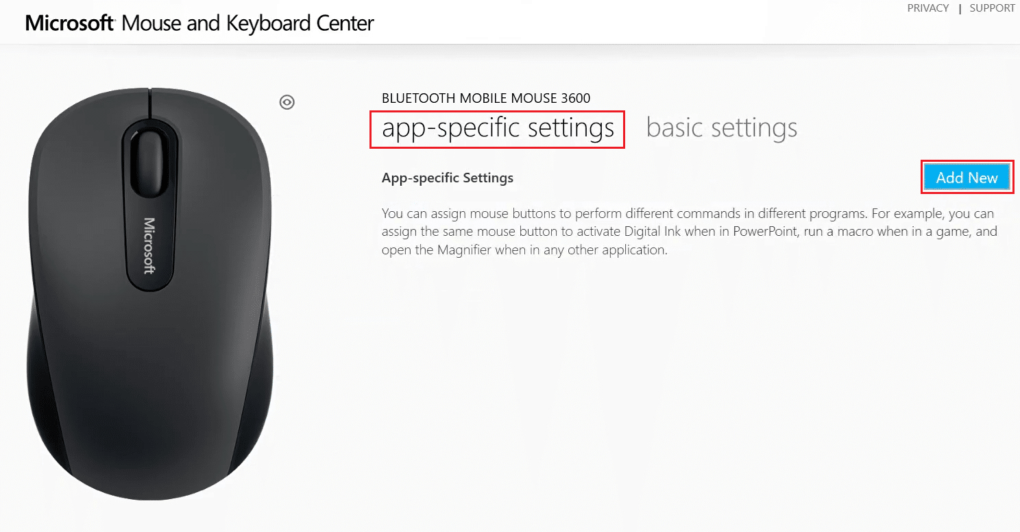go to App specific settings and select Add new button in Microsoft Mouse and Keyboard center app