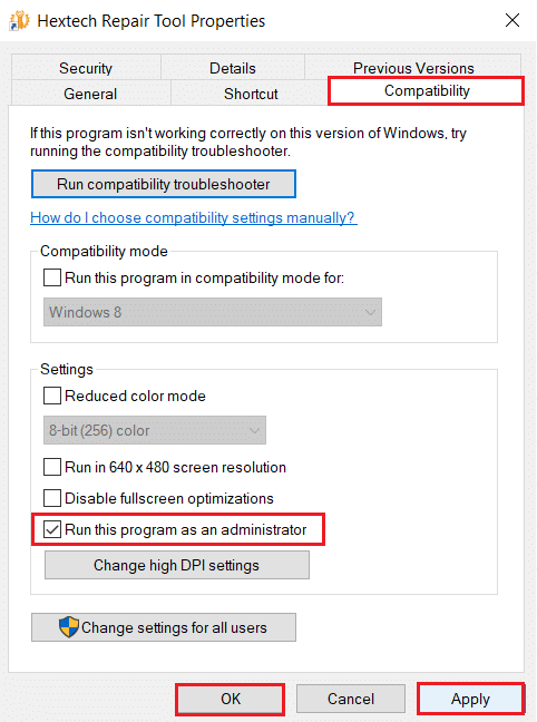 go to Compatibility, select run as administrator and click Apply then OK in Hextech Repair Tool
