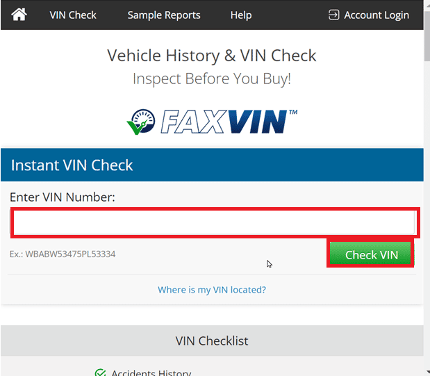 go to FAXVIN, enter the VIN number and click on Check VIN | How to Look Up License Plate Number Owner
