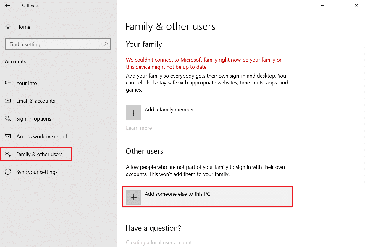 go to Family and other users menu and click on add someone else to this PC option