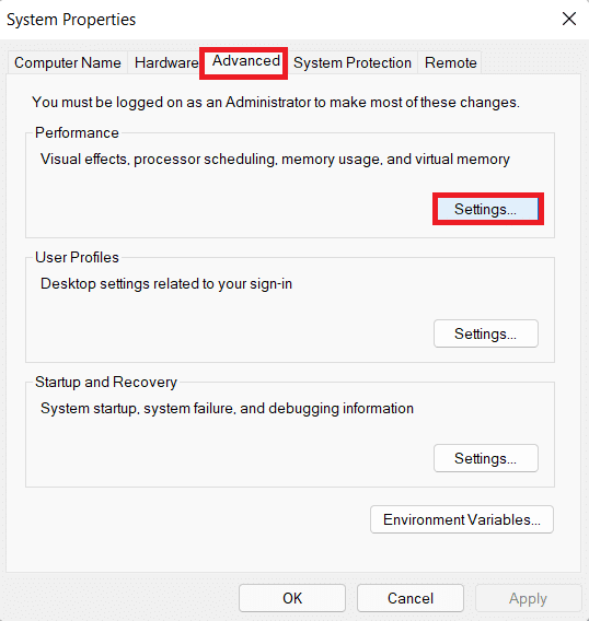go to advanced tab and select Settings button for Performance in System Properties. Fix Halo Infinite Customization Not Loading in Windows 11