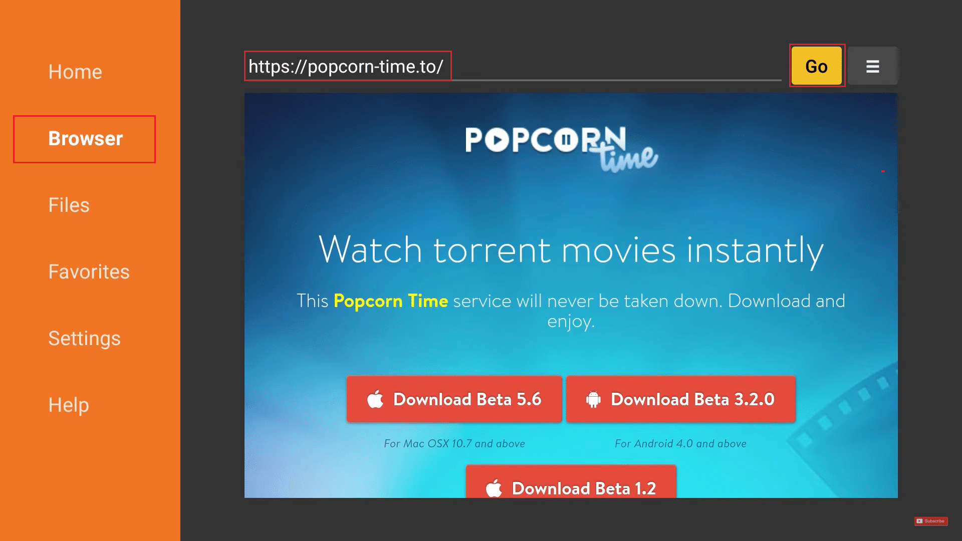 go to browser menu and go to the popcorn time website in Downloader program Amazon fire tv