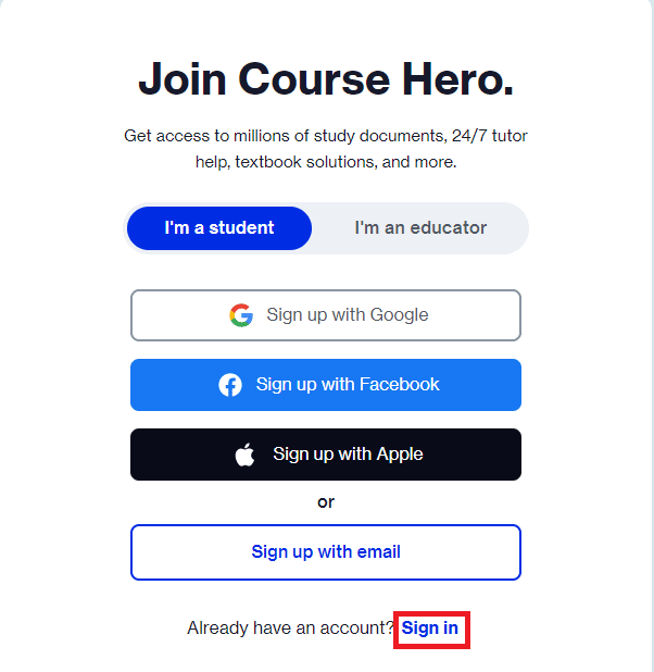 Go to Course Hero's official page. Login to your course hero account. 