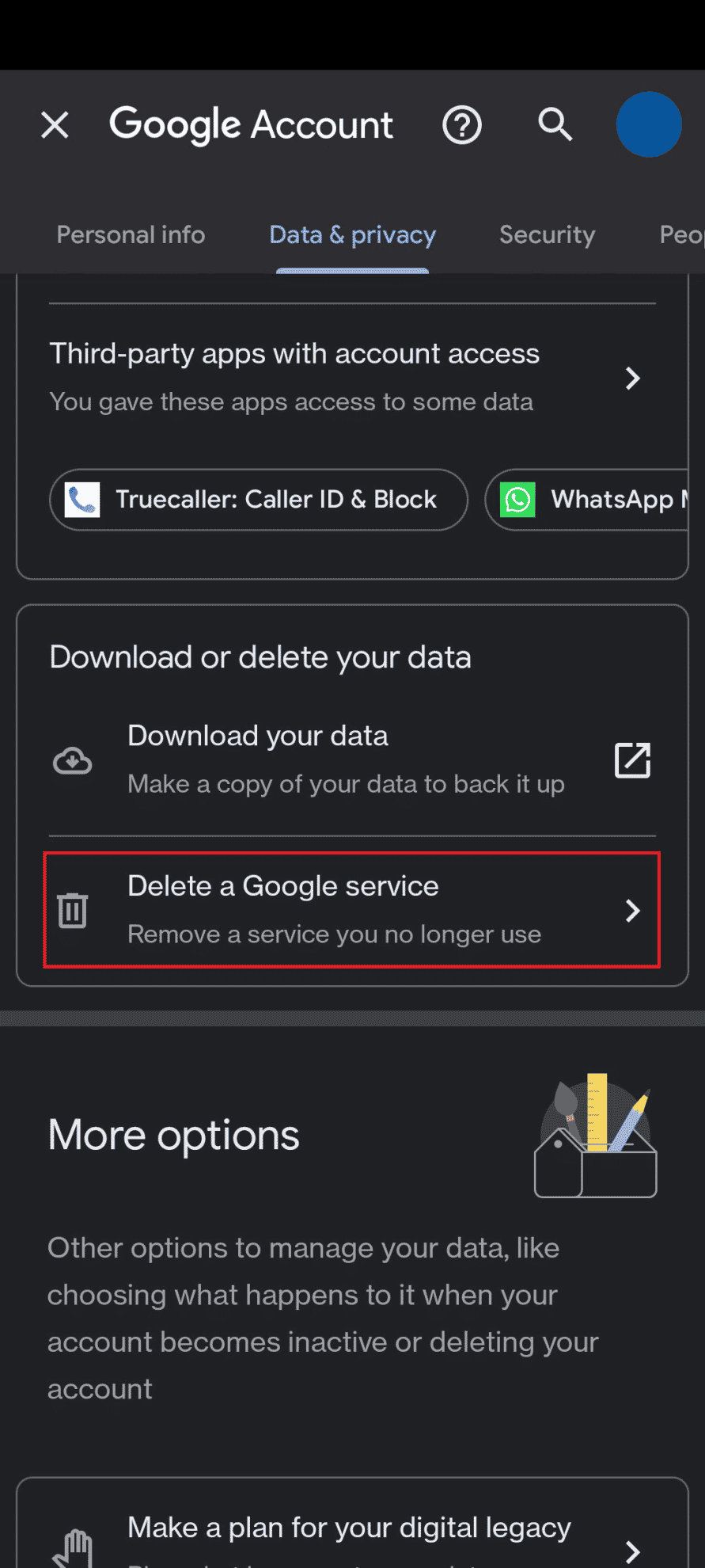 Go to Delete a google service.