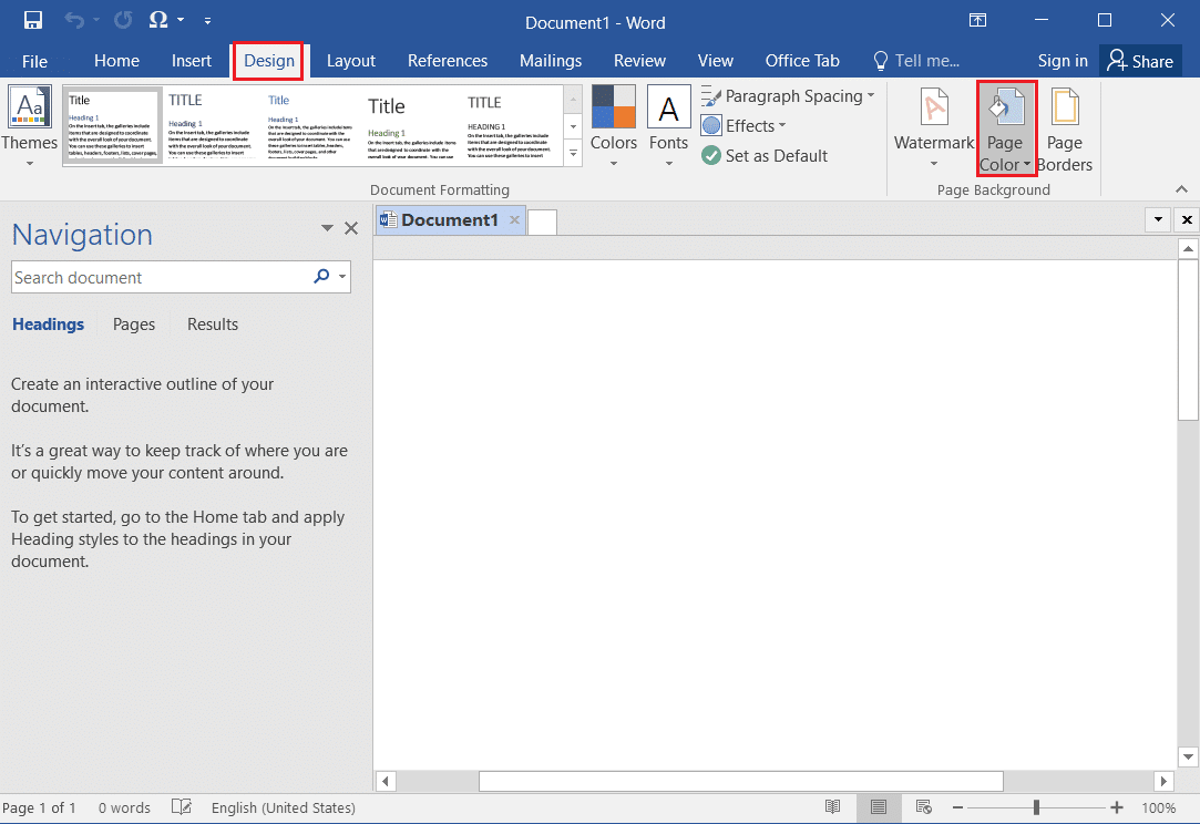 перейдите на вкладку «Дизайн» и выберите параметр «Цвет страницы» в MS Word.
