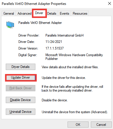 Go to Driver tab and click on Update Driver. Fix An Ethernet Cable is Not Properly Plugged In