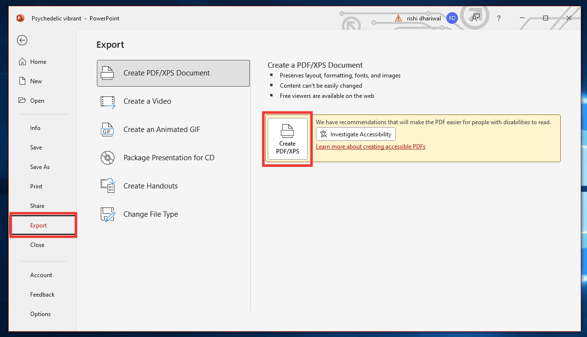 Go to export tab and click on create PDF XPS. Fix PowerPoint Not Saving File Error