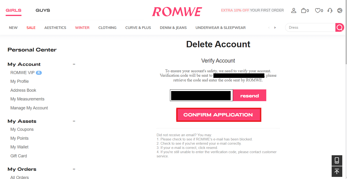 Go to Gmail and copy paste the account verification code and click on CONFIRM APPLICATION on romwe