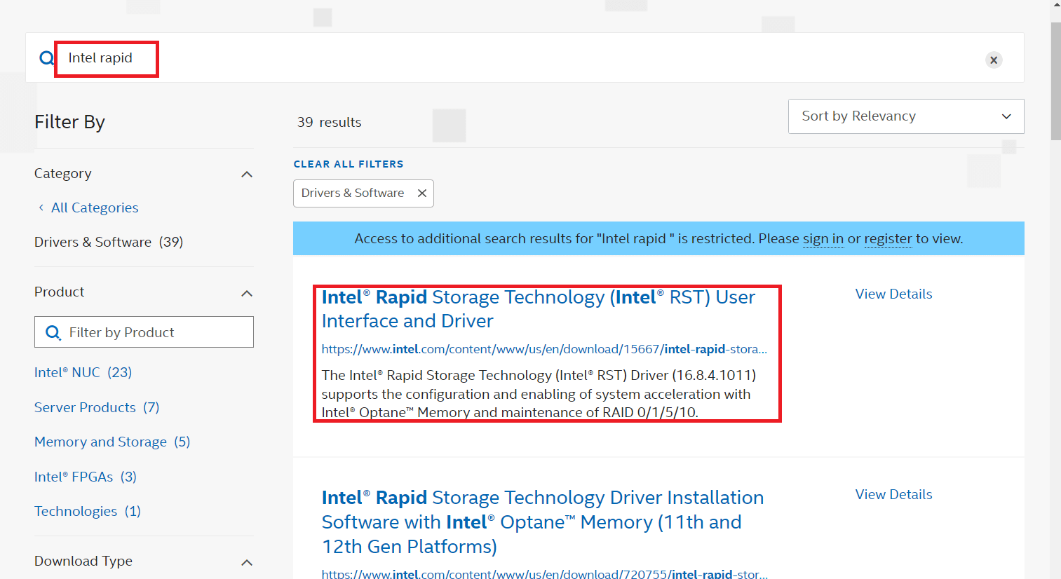 go to Intel Official Downloads page. How to Fix Intel RST Service Is Not Running in Windows 10