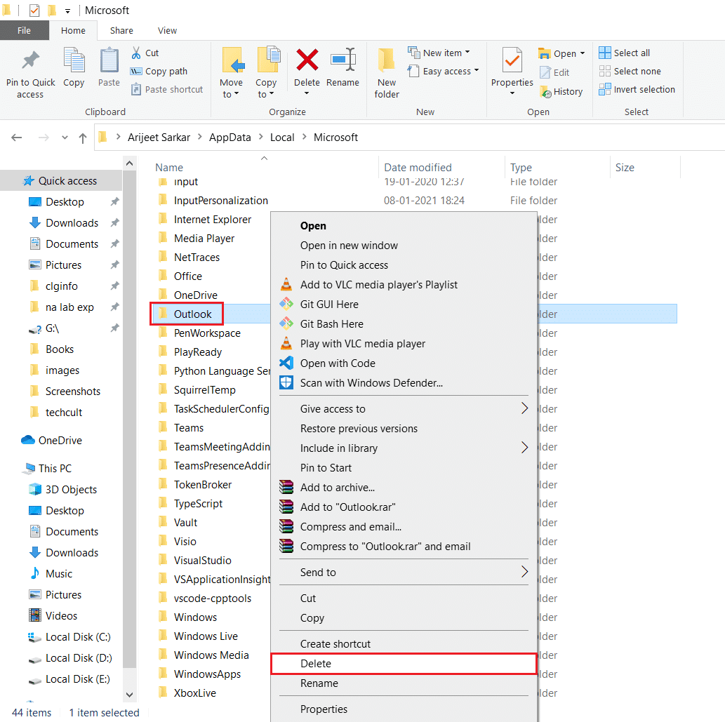ad Microsoft localappdata folder et delere Outlook folder