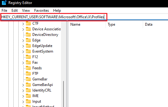 go to office profiles key folder location in Registry Editor