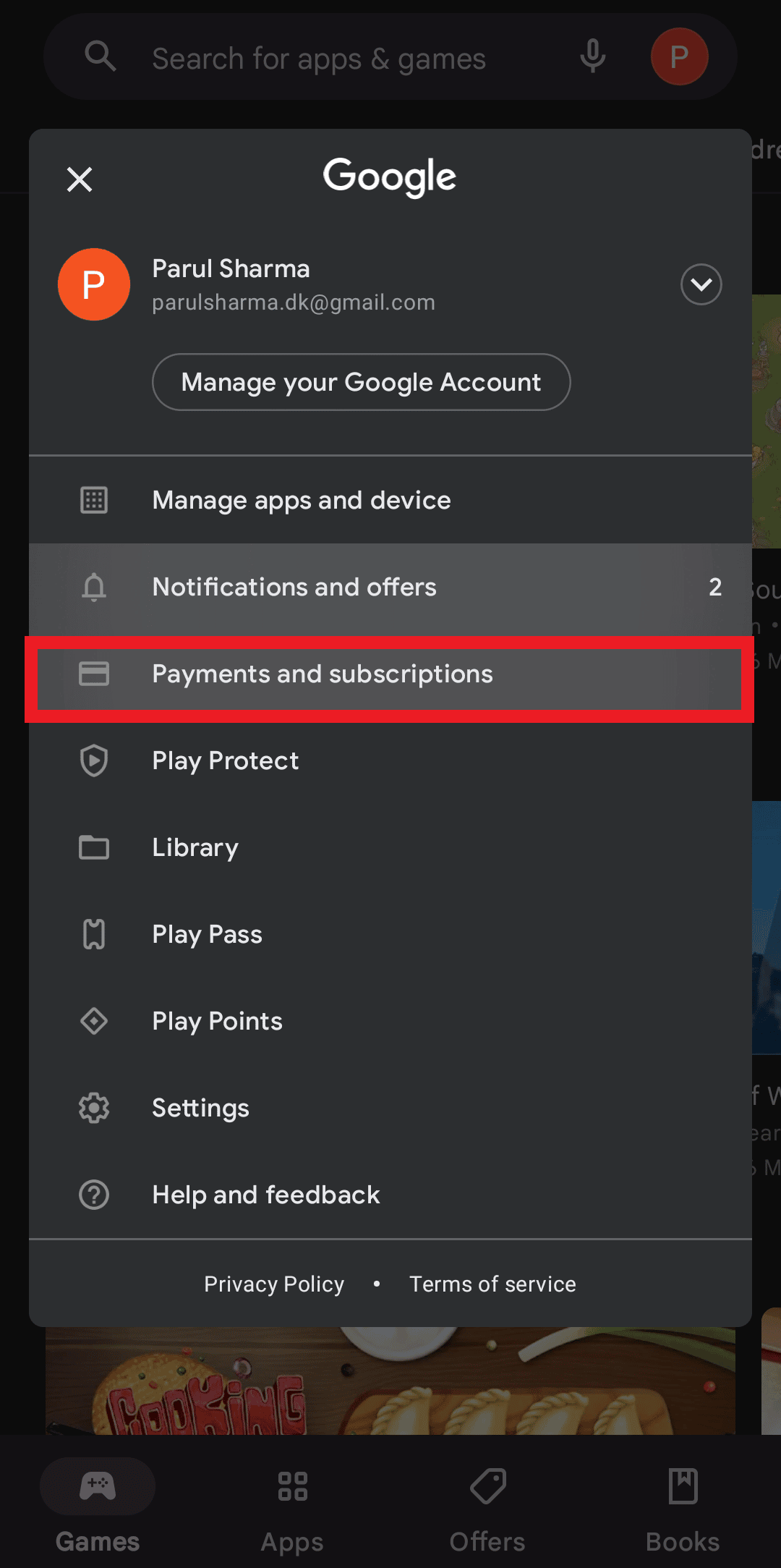 go to payments and subscriptions