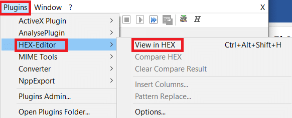 go to Plugins then HEX-Editor and finally View in HEX. How To Install Hex Editor Notepad++