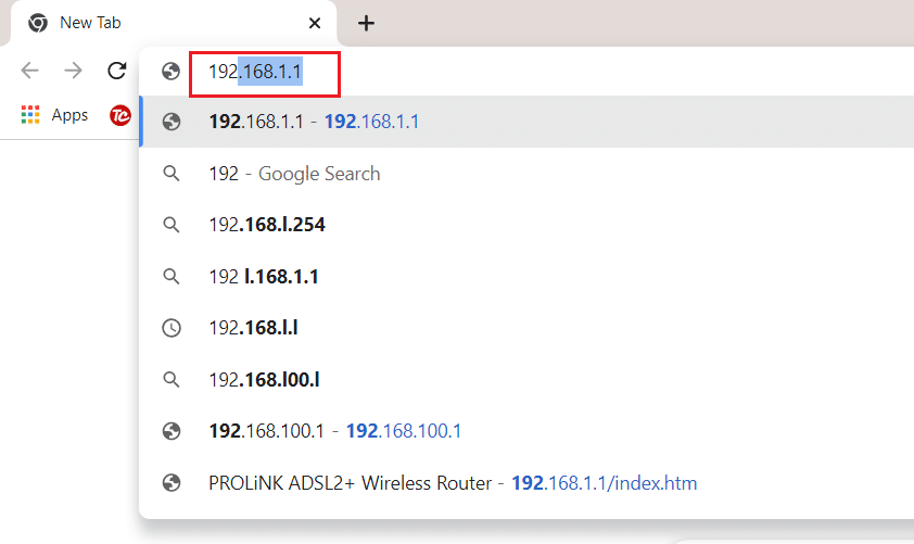 go to router gateway address in browser Prolink adsl router