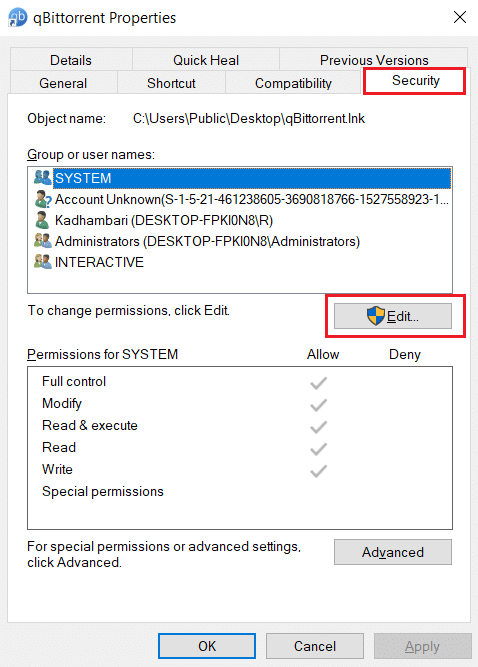 보안 탭으로 이동하여 편집을 선택하세요. Windows 10에서 Qbittorrent I/O 오류 수정