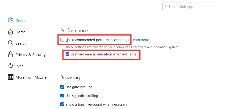 uncheck the option of use recommeded performance settings and use hardware acceleration when available. How to Fix Mozilla Firefox Problem Loading Page