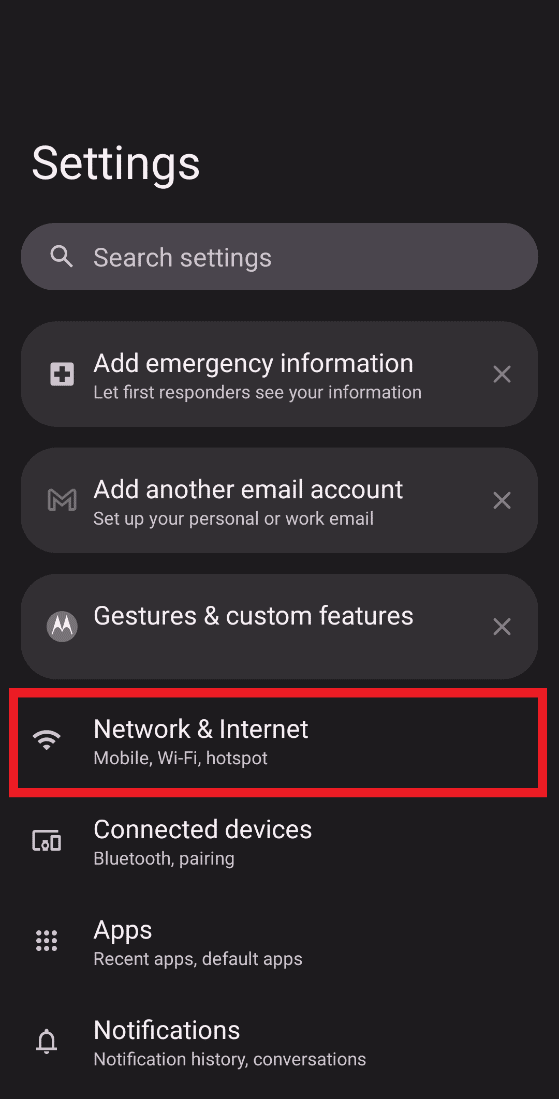Go to Settings followed by Network and Internet.