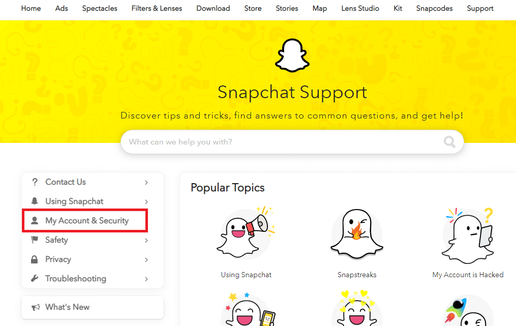 Go to Snapchat support on your desktop and click on my account & security