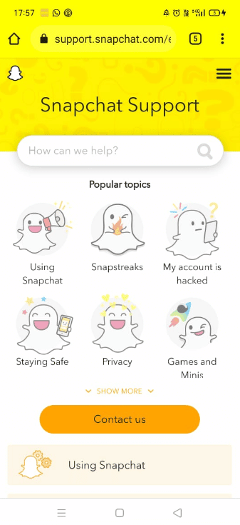 Go to Snapchat Support Page.