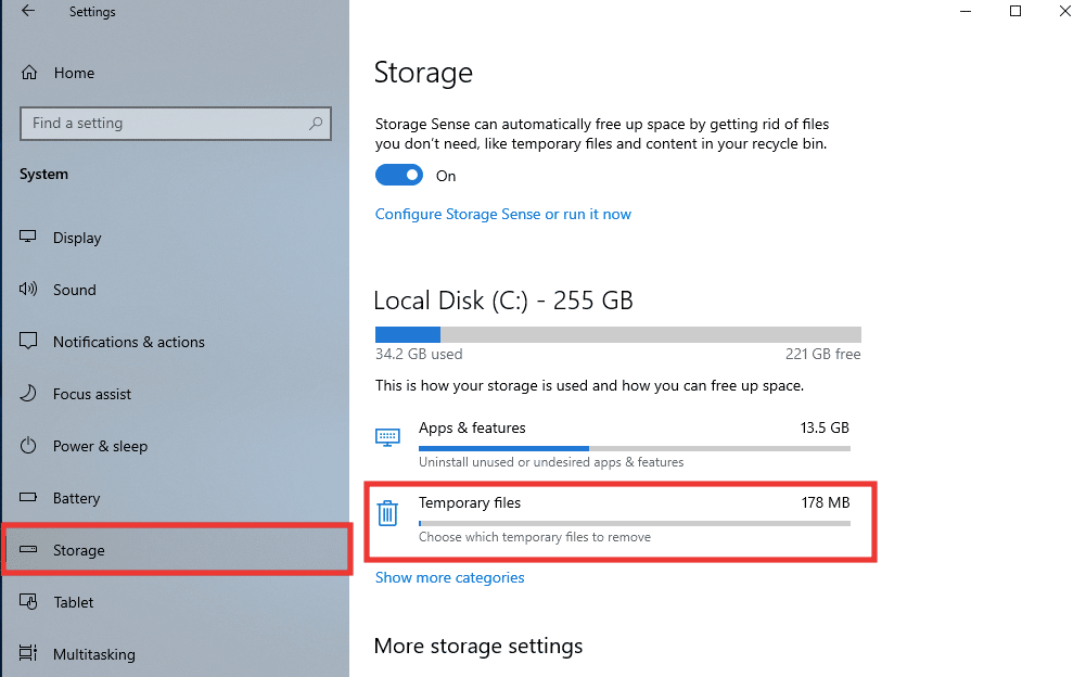go to Storage tab and click on Temporary files