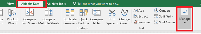 go to the 'Ablebits data' tab and click on 'Manage.' | swap columns or rows in Excel