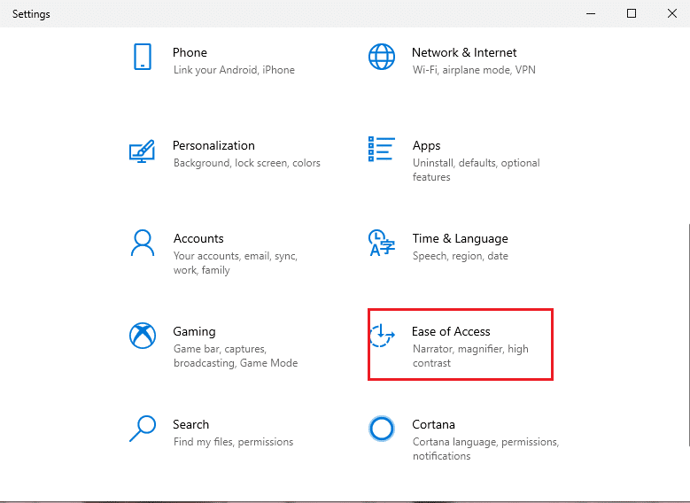 go to the 'Ease of access' section from the list of options. | Fix black desktop background in Windows 10