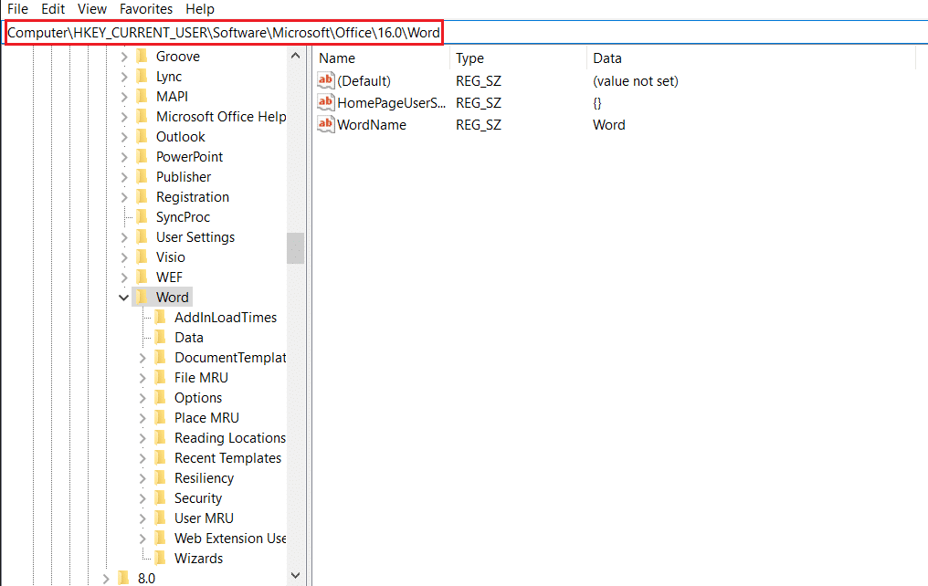 go to the HKEY CURRENT USER Word key folder in Registry Editor