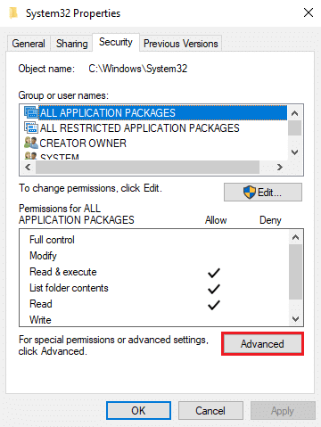 go to the Security tab and click on ‘Advanced’ | How To Delete System32?