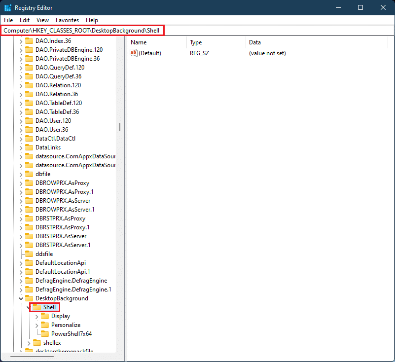 go to the Shell key folder in Registry Editor Windows 11