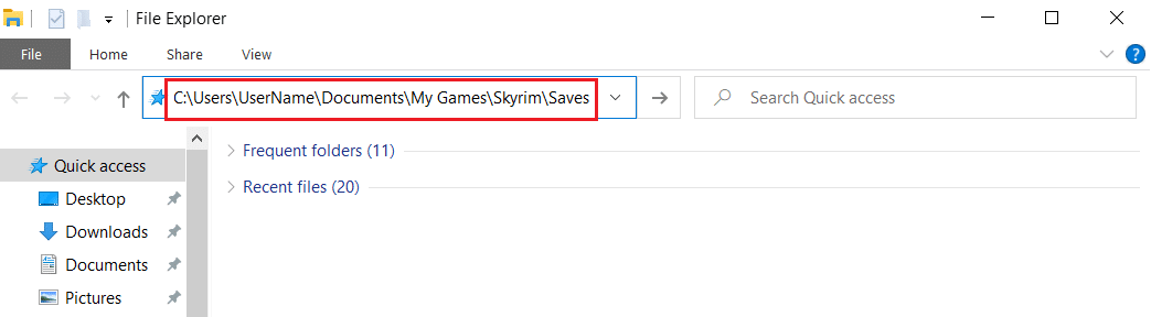 go to the Skyrim game saved files location path from File Explorer address bar