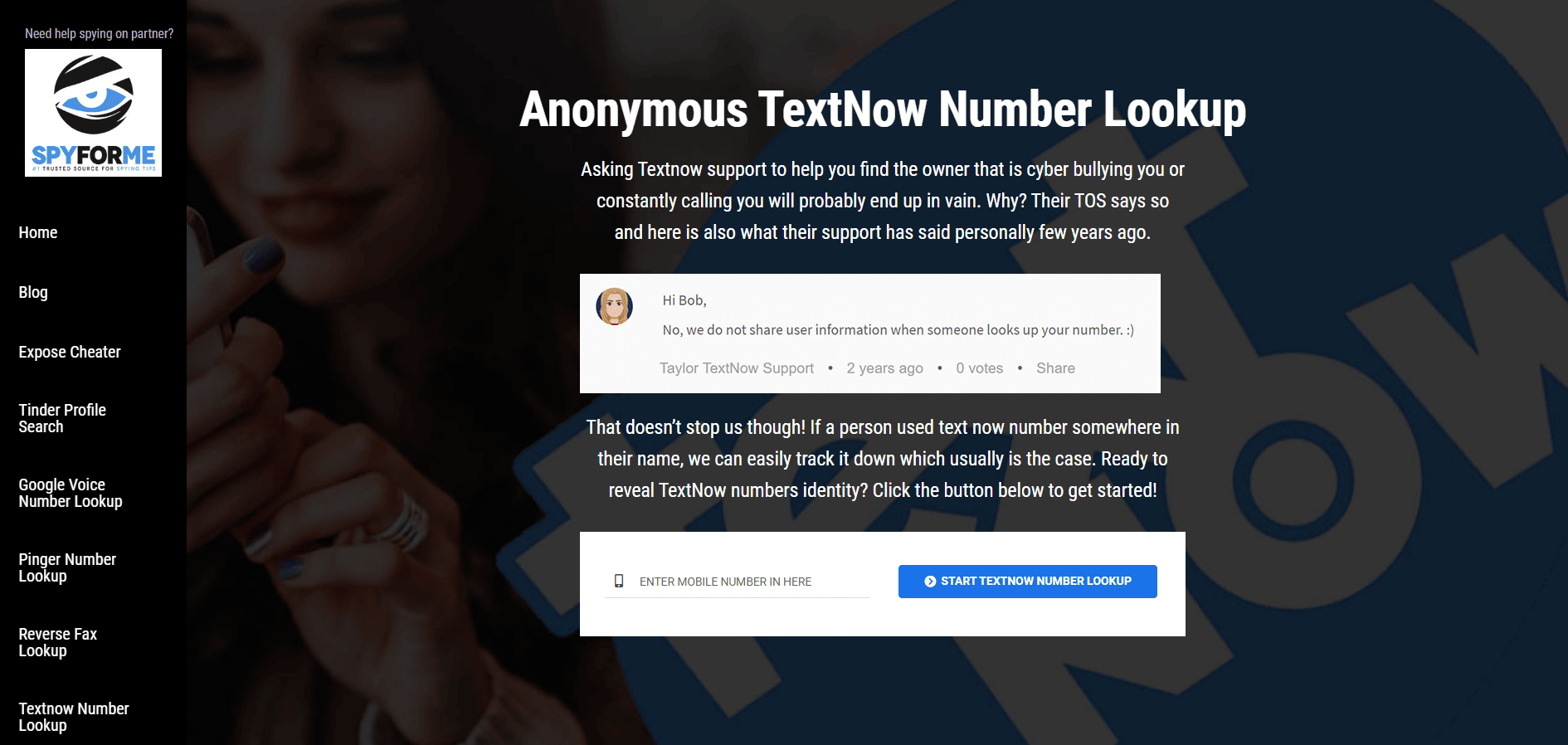 Go to the Anonymous TextNow Number Lookup tool on a browser.