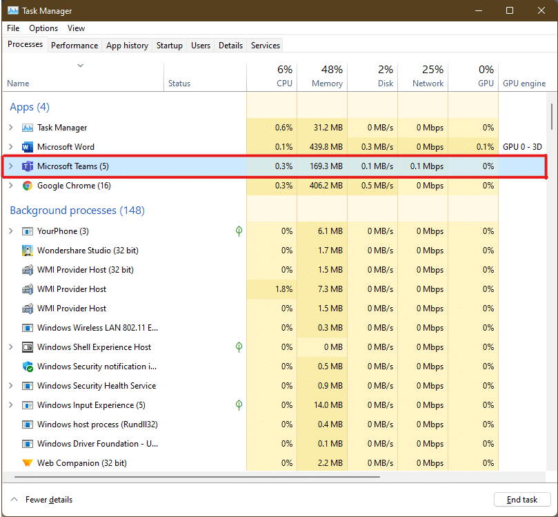 Select the frozen application or task under the Processes tab. | how to force quit a program on Windows 11