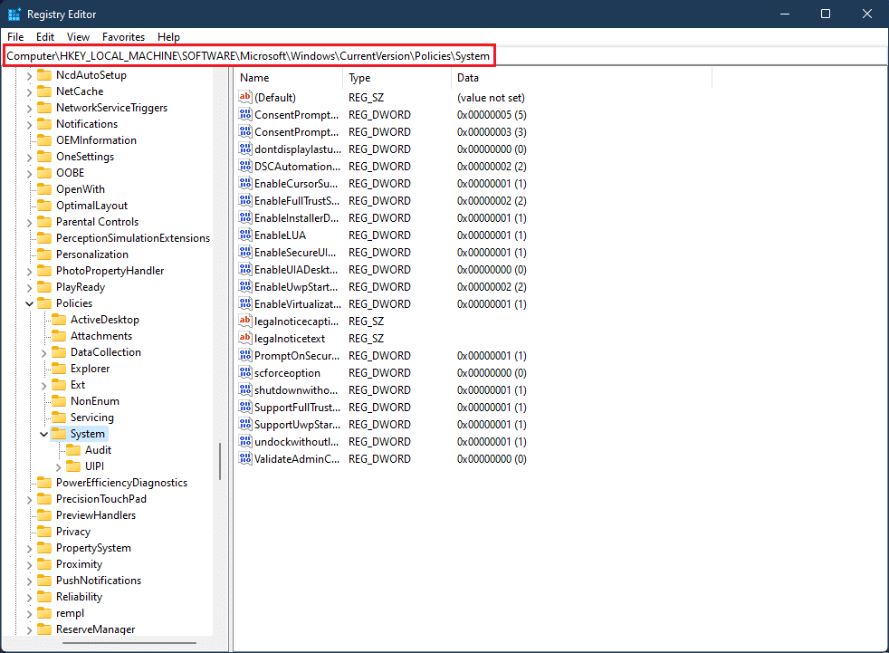 go to the location path HKEY LOCAL MACHINE SOFTWARE Microsoft WindowsCurrentVersion Policies System in Registry Editor Windows 11