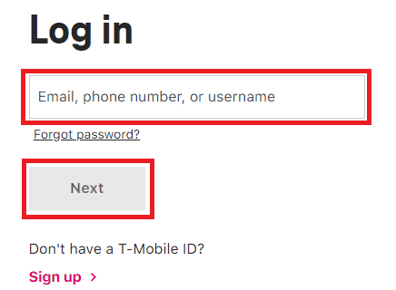 Pergi ke halaman Log Masuk T-Mobile dan masukkan butiran log masuk anda | T-Mobile memadam sejarah penyemak imbas