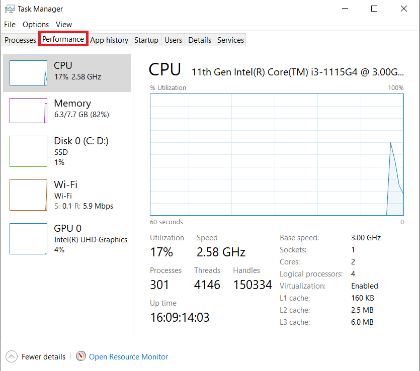 Go to the Performance tab | How Much VRAM Do I Have on Windows 10