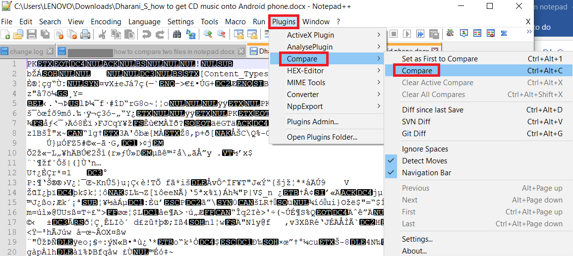 Go to the Plugins menu then select Compare and choose Compare from the sub menu. how to compare two files in notepad