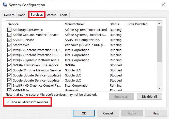 Go to the Services tab and check the box for Hide all Microsoft services.