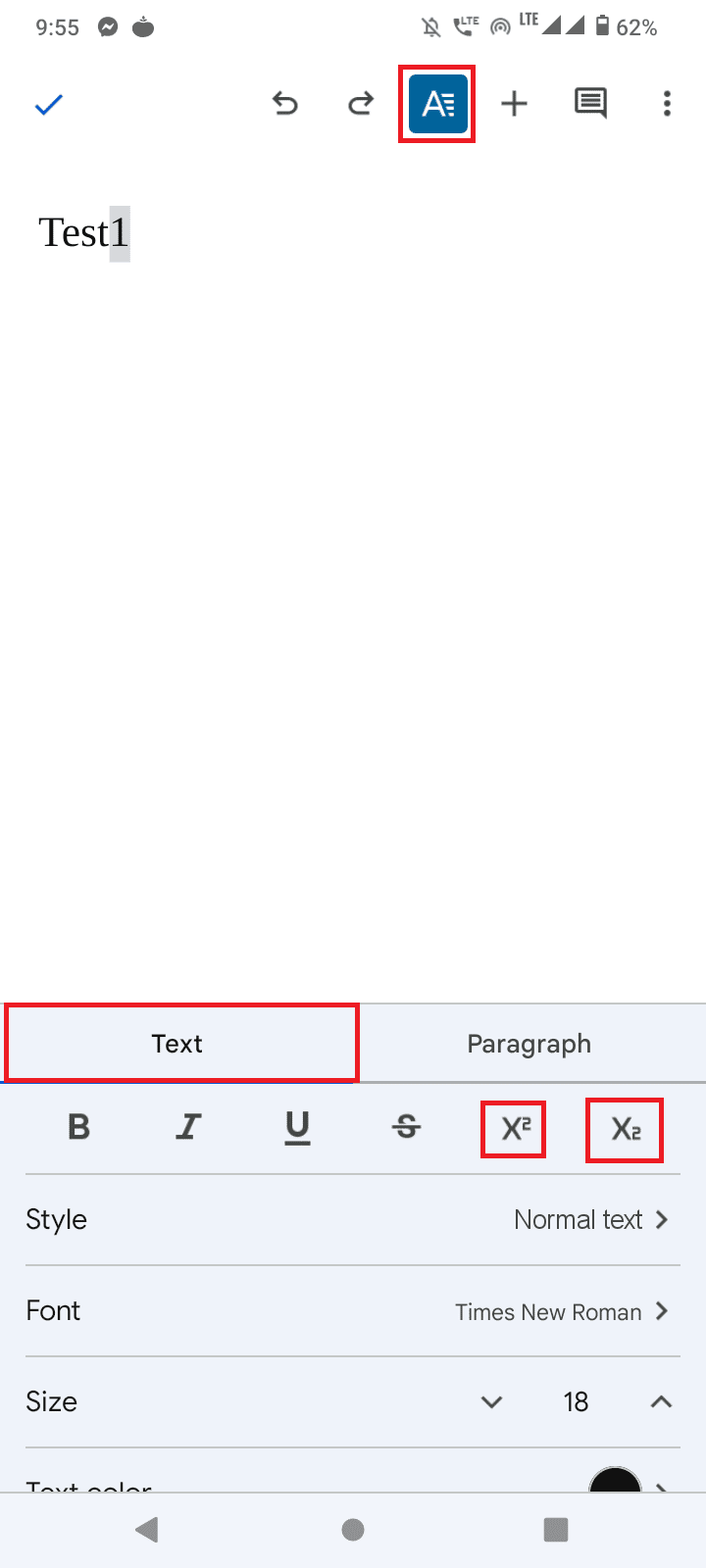 go to the Text tab and tap on X¬2 to enter superscript and X2 to enter subscript