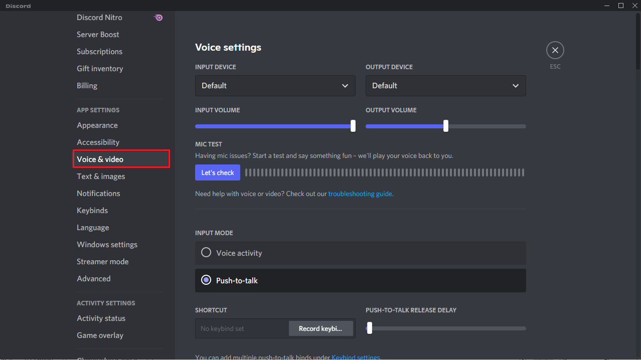 Go to the Voice and video tab under APP SETTINGS. How to Use Push to Talk on Discord