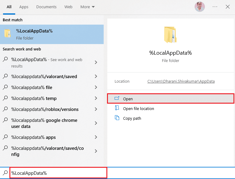 Dar kartą eikite į „Windows“ paieškos laukelį ir įveskite „LocalAppData“.