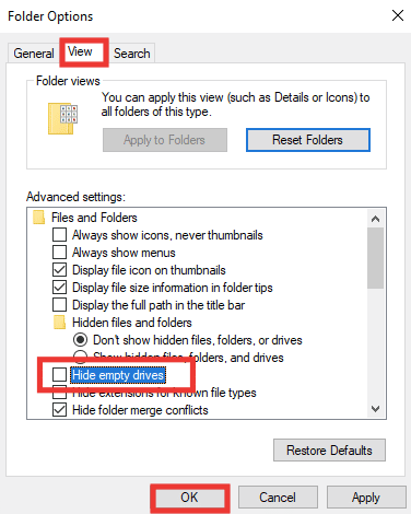 Go to View tab then uncheck hide empty drives option and click on OK. Fix External Hard Drive Not Accessible in Windows 10