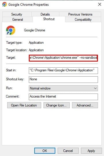Goggle Chrome Properties. Fix Google Chrome Status Invalid Image Hash Error
