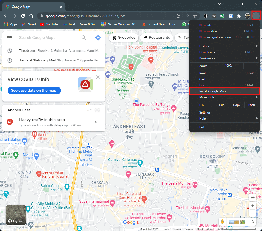 Google maps will load in the browser, after this click on the three dots on the top right of the browser to open a small menu, choose the option of Install Google Maps from here