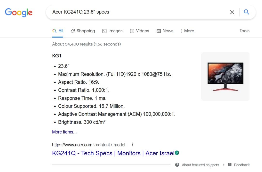 Google search for Acer KG241Q 23.6 specs | How to check monitor model in windows 10
