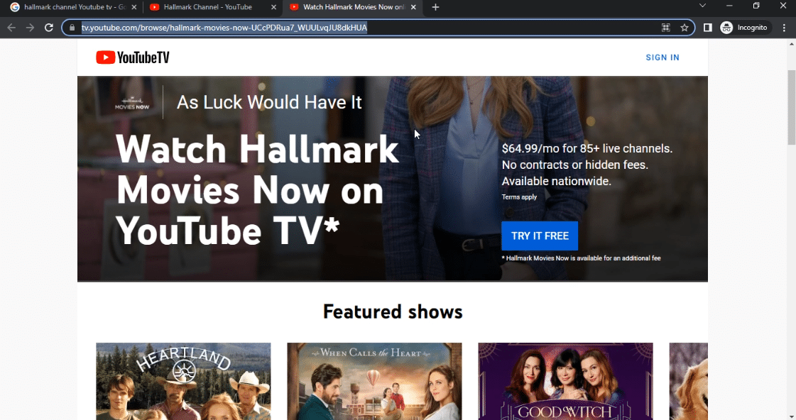 „Hallmark“ kanalas „YouTube TV“.
