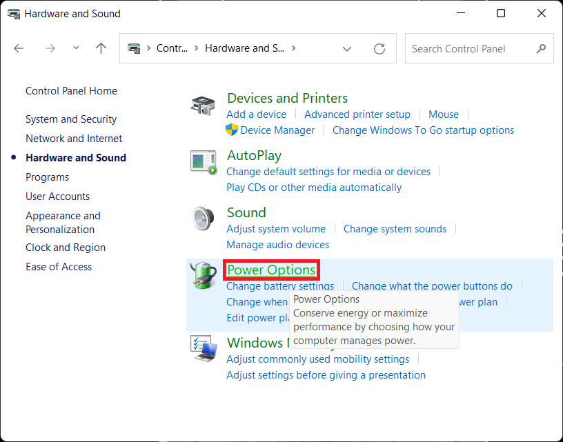 Hardware and Sound window. How to Enable Hibernate Power Option in Windows 11