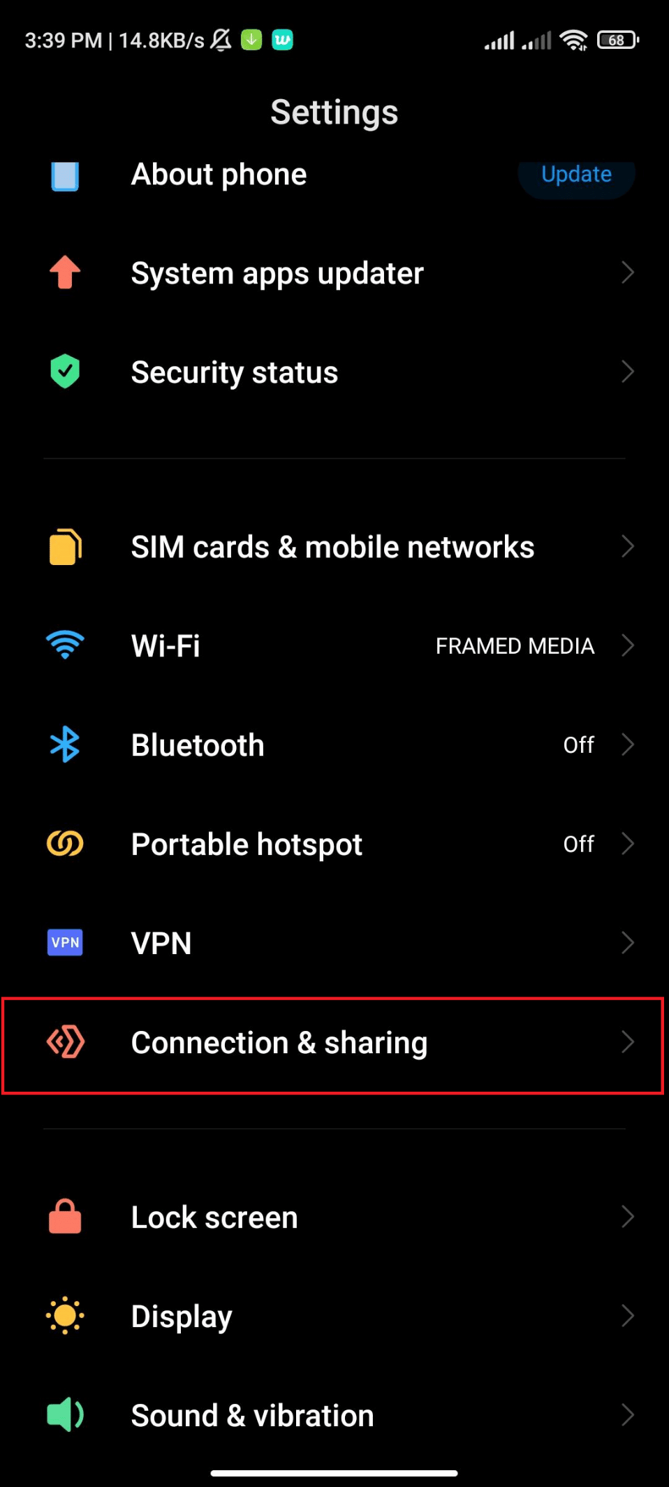 Head back to Settings and tap on Connection and sharing