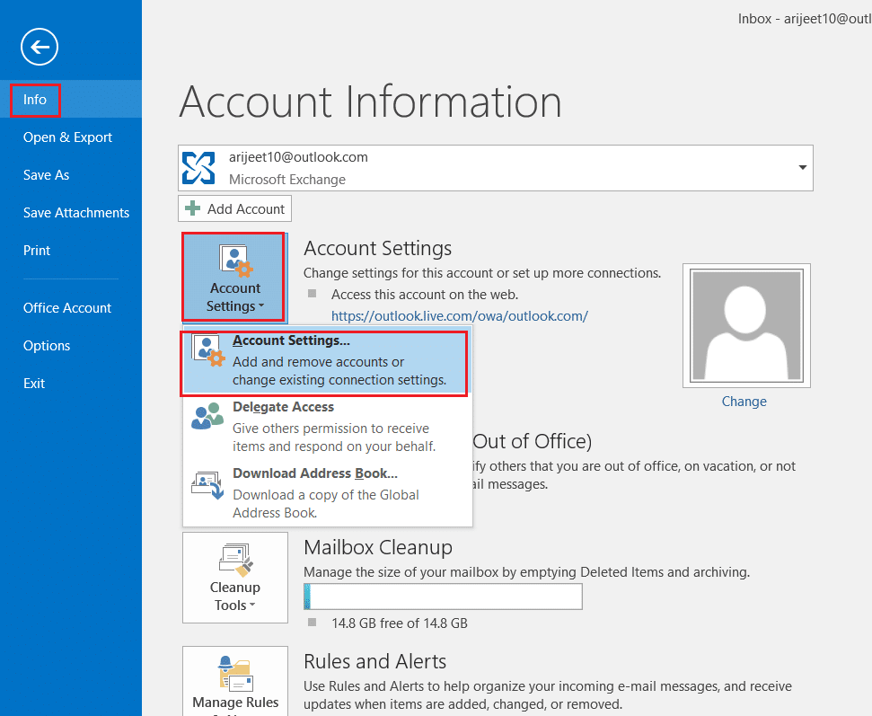 here click on Account settings option in Outlook. Fix Outlook Password Prompt Reappearing