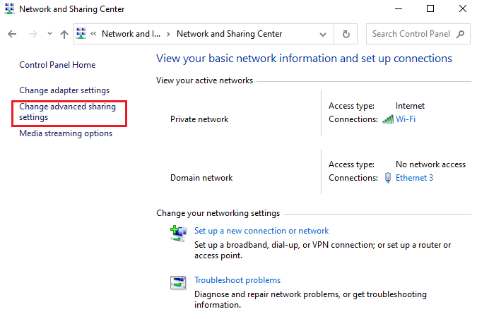 Here, click on Change advanced sharing settings. Fix The Active Directory Domain Services is Currently Unavailable in Windows 10